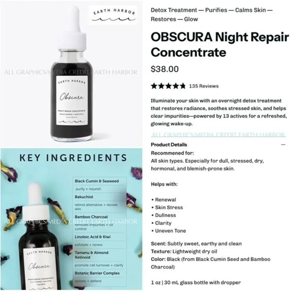 BNIB Earth Harbor OBSCURA Night Repair Concentrate Lightweight Dry Oil